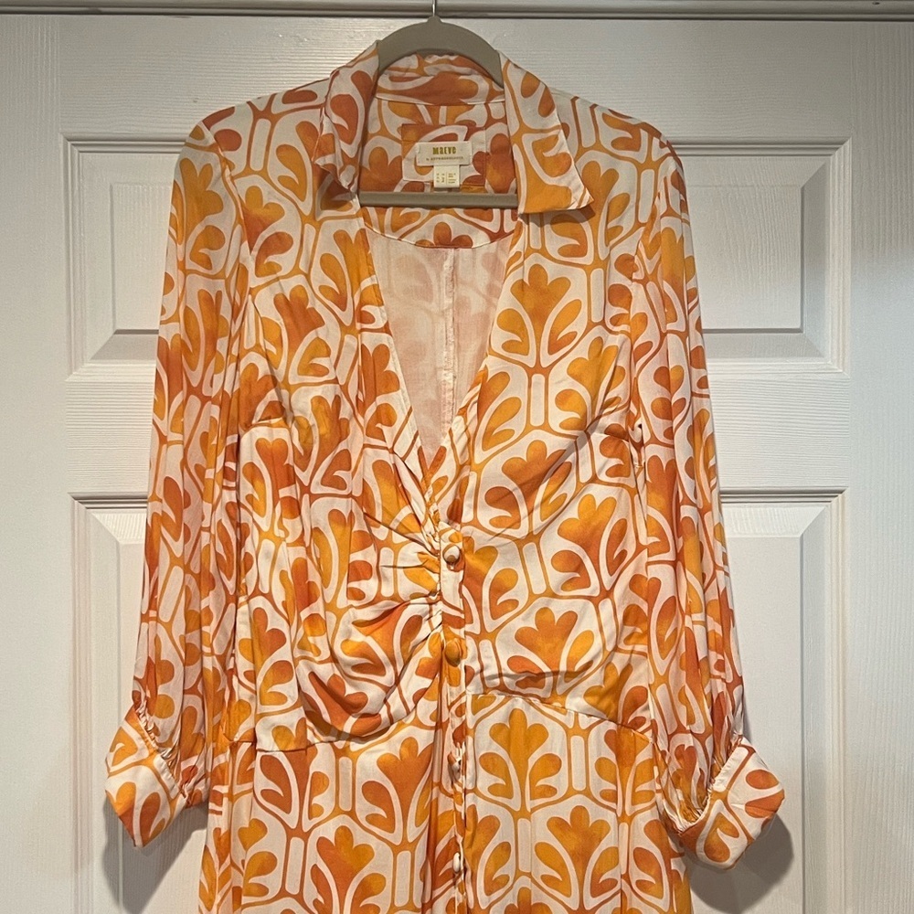Maeve Anthropologie orange & white printed wrap shirt maxi dress 12 - Picture 4 of 9
